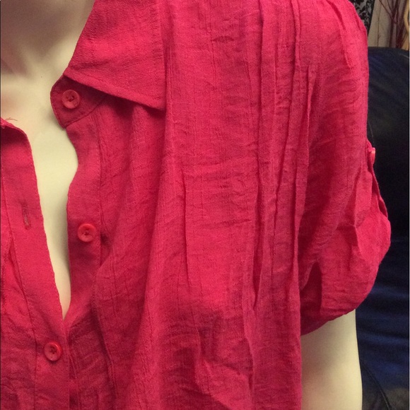 Red Coral hot pink button up blouse with tie - Picture 6 of 9